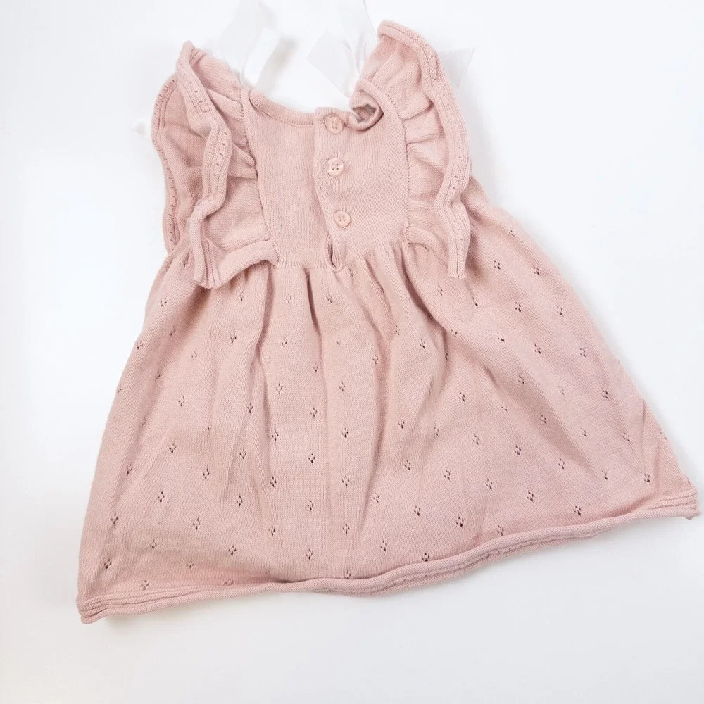 Miniclasix Knit Dress‎ Set Kids 3M Pink Pointelle Ruffle Bows